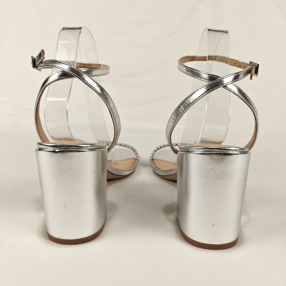 Jewel Badgley Mischka Suri Silver Metallic Block Heel Sandal Size 10 Party Comfy - Picture 5 of 10